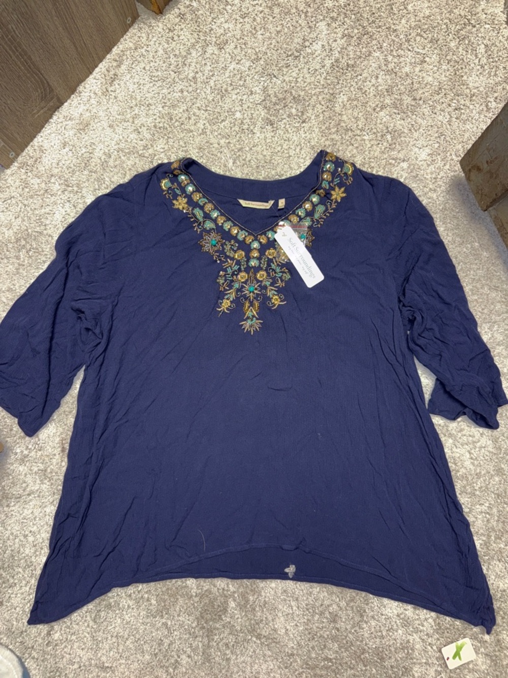 Soft Surroundings Navy Embroidered V-Neck Tunic Top